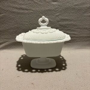 Vintage Indiana Glass Milk Glass Lace Edge Pedestal Lidded Candy Dish
